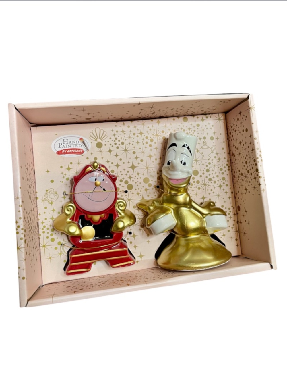 Disney Beauty & the Beast Hand Painted Lumiere & Cogsworth Salt & Pepper Shakers